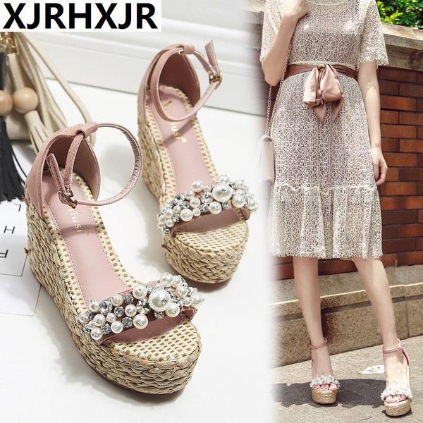 summer bandage pearl handmade rhinestone wedge heels platform thick-bottomed toe high-heeled sandals, Black
summer bandage pearl handmade rhinestone wedge heels platform thick-bottomed toe high-heeled sandals, Black