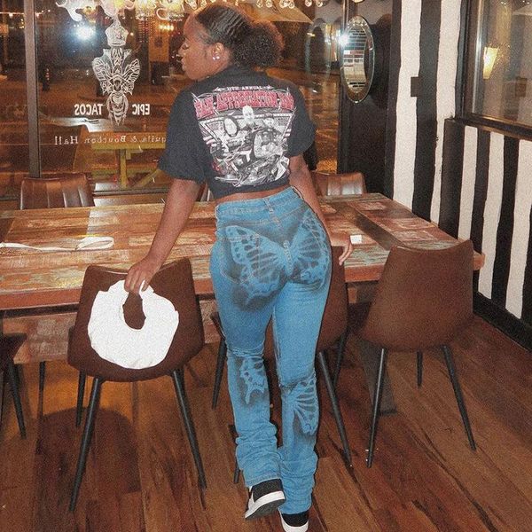 women's jeans 2021 autumn and winter release butterfly print fashion high-waist straight-leg pants slim casual women, Blue
women's jeans 2021 autumn and winter release butterfly print fashion high-waist straight-leg pants slim casual women, Blue