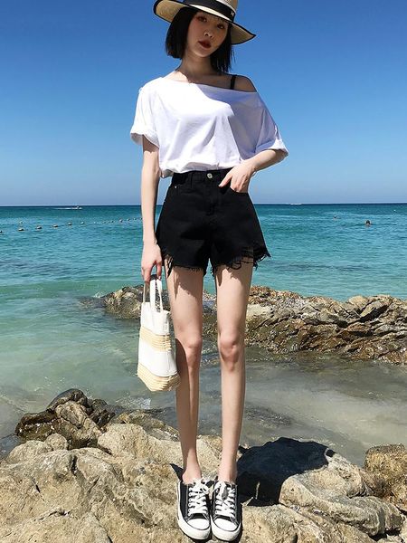 women's shorts denim the black female 2021 summer show thin of tall waist wide-legged loose spice pants, White;black
women's shorts denim the black female 2021 summer show thin of tall waist wide-legged loose spice pants, White;black