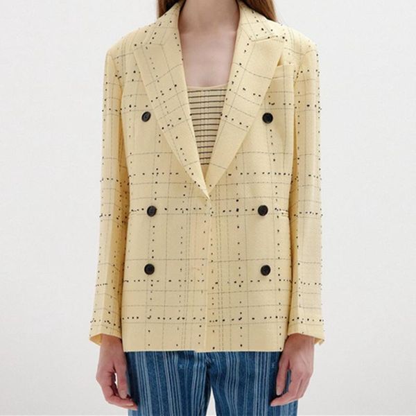 women's two piece pants women long sleeve blazer double breasted straight yellow plaid casual 2021 early autumn office lady loose suit, White
women's two piece pants women long sleeve blazer double breasted straight yellow plaid casual 2021 early autumn office lady loose suit, White