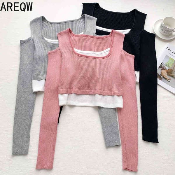 early spring fashion all-match design sense strapless slim slimming fake two-piece short knit sweater women 210507, White;black
early spring fashion all-match design sense strapless slim slimming fake two-piece short knit sweater women 210507, White;black