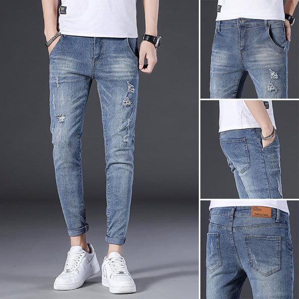 men's jeans denim 2021 summer thin self-cultivation small feet casual hole brand teenager ankle length pencil pants, Blue
men's jeans denim 2021 summer thin self-cultivation small feet casual hole brand teenager ankle length pencil pants, Blue