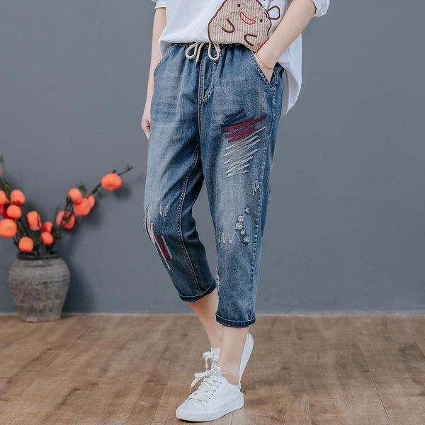 plus size high waist jeans woman with holes embroidery sweet girls 2021 korean cartoon cat cotton denim harem pants female loose women', Blue
plus size high waist jeans woman with holes embroidery sweet girls 2021 korean cartoon cat cotton denim harem pants female loose women', Blue