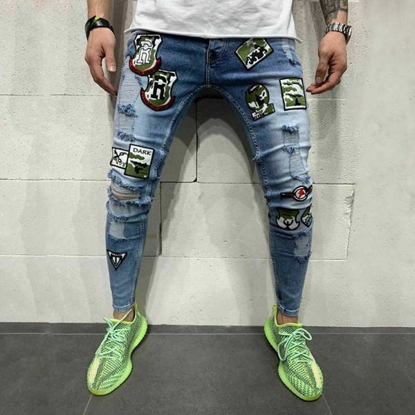 men's jeans jeans elastic ripped badge embroidery biker skinny destroyed frayed denim trousers fashion men clothes oxnf, Blue
men's jeans jeans elastic ripped badge embroidery biker skinny destroyed frayed denim trousers fashion men clothes oxnf, Blue