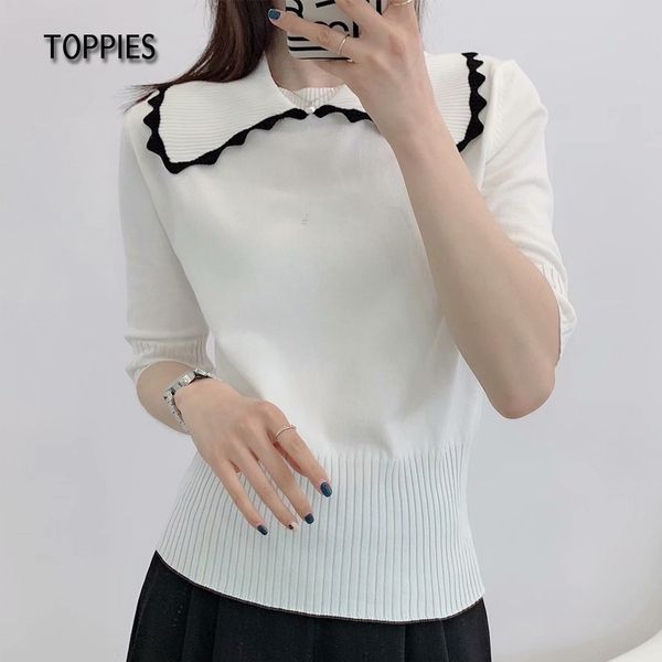 ies spring women knitted white sweet peter pan collar slim t-shirts half sleeve ladies 210412
ies spring women knitted white sweet peter pan collar slim t-shirts half sleeve ladies 210412