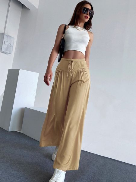 knot front wide leg pants d1yn#, Black;white