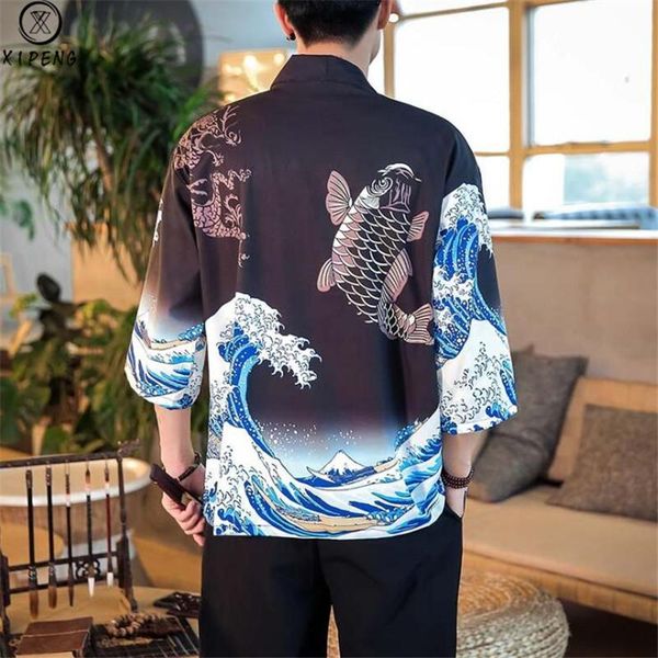 men's jackets japanese kimono cardigan men wave and carp print long thin mens jacket coat fad summer, Black;brown
men's jackets japanese kimono cardigan men wave and carp print long thin mens jacket coat fad summer, Black;brown