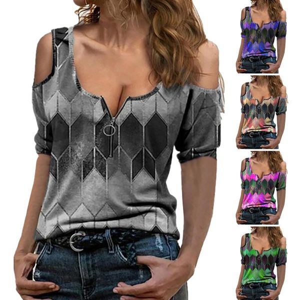 women's t-shirt summer t shirt women fashion casual plaid print short sleeve v-neck zipper off shoulder ladies tee femme camisetas, White
women's t-shirt summer t shirt women fashion casual plaid print short sleeve v-neck zipper off shoulder ladies tee femme camisetas, White