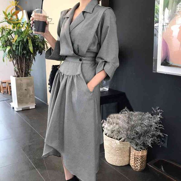 spring dress women runway suit collar high waist irregular grid dressees 210520, Black;gray
spring dress women runway suit collar high waist irregular grid dressees 210520, Black;gray
