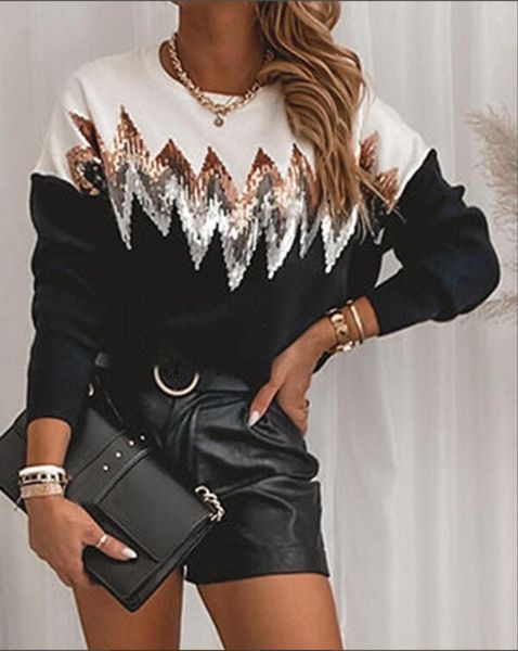 women's sweaters 2021 clothing autumn long sleeve color matching sequin round neck wool woven women, White;black
women's sweaters 2021 clothing autumn long sleeve color matching sequin round neck wool woven women, White;black