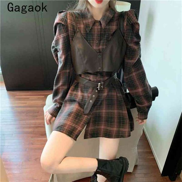 2 piece set women spring autumn vintage fashion wild korean sweet outfits full plaid dresses + short pu vests 210531, White
2 piece set women spring autumn vintage fashion wild korean sweet outfits full plaid dresses + short pu vests 210531, White
