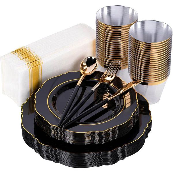 disposable dinnerware black plastic plate cutlery set with gold rim fork spoon knife cup napkin wedding birthday party supplies
disposable dinnerware black plastic plate cutlery set with gold rim fork spoon knife cup napkin wedding birthday party supplies