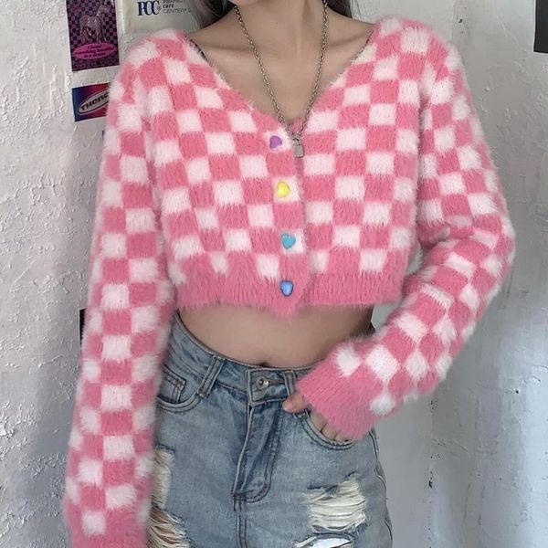 women's knits & tees autumn women long sleeve cardigan pink plaid sweater coat mutlicolor buttons v-neck plush knitwear crop, White
women's knits & tees autumn women long sleeve cardigan pink plaid sweater coat mutlicolor buttons v-neck plush knitwear crop, White