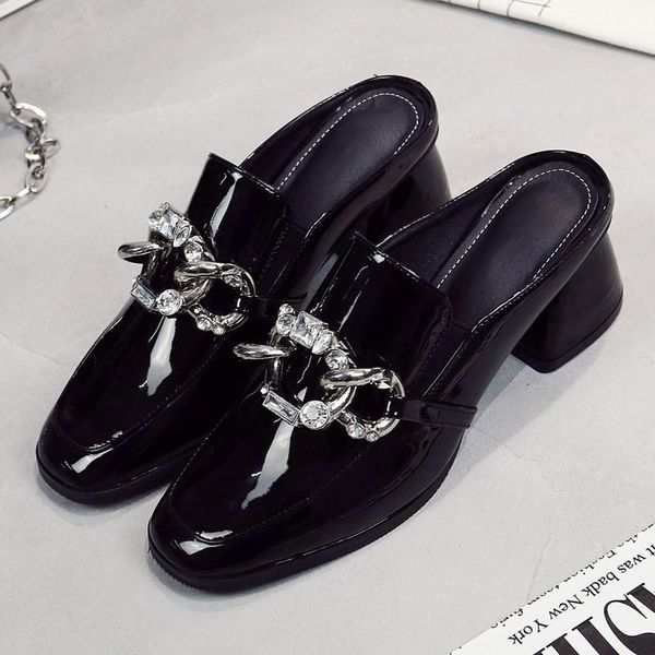 slippers 2021 summer baotou half women wear muller shoes thick heel rhinestone high sandals women's, Black 
slippers 2021 summer baotou half women wear muller shoes thick heel rhinestone high sandals women's, Black