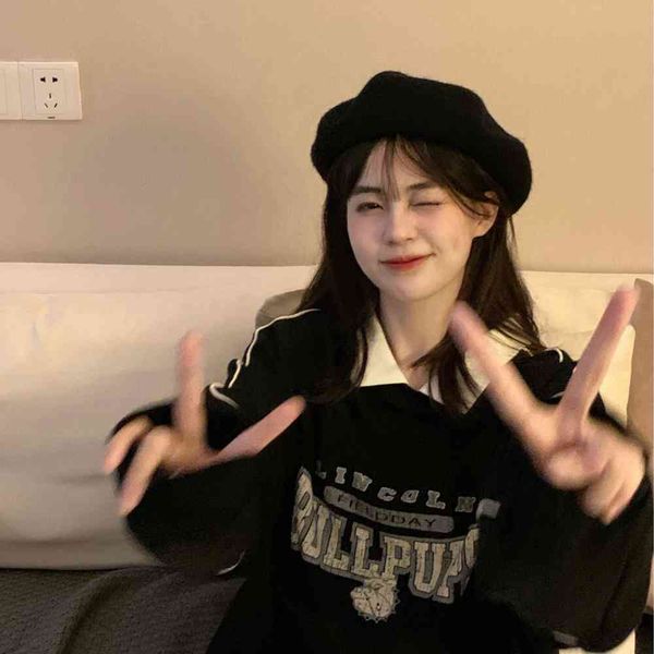 kara drag sister college school and lazy polo collar stitched long sleeve sweater, Black
kara drag sister college school and lazy polo collar stitched long sleeve sweater, Black