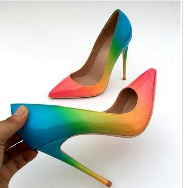dress shoes gradient three colors women extremely high heels ladies rainbow patent leather pointed toe stilettos cute pumps 8//12cm, Black
dress shoes gradient three colors women extremely high heels ladies rainbow patent leather pointed toe stilettos cute pumps 8//12cm, Black