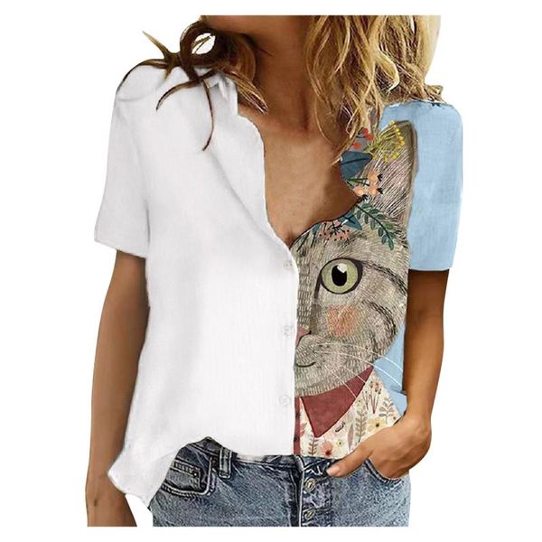 women's t-shirt shirt for women cat stitching ladies casual short sleeve button up tunic blusas elegantes de mujer, White
women's t-shirt shirt for women cat stitching ladies casual short sleeve button up tunic blusas elegantes de mujer, White