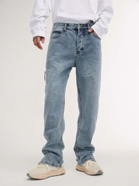 men zipper detail split raw hem jeans n9mg#, Blue