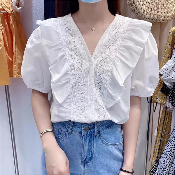 women's blouses & shirts 2021 arrival chic fashionble ruffles v-neck loose fitted sweet girl elegant fashion summer for women, White
women's blouses & shirts 2021 arrival chic fashionble ruffles v-neck loose fitted sweet girl elegant fashion summer for women, White