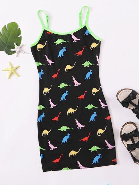 girls dinosaur print contrast neon binding dress she, Red;yellow