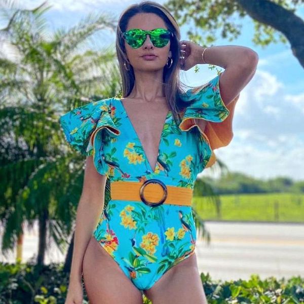 women's swimwear swimming wear lotus leaf sleeve deep v halter one-piece swimsuit printed 2021 ins style, White;black
women's swimwear swimming wear lotus leaf sleeve deep v halter one-piece swimsuit printed 2021 ins style, White;black