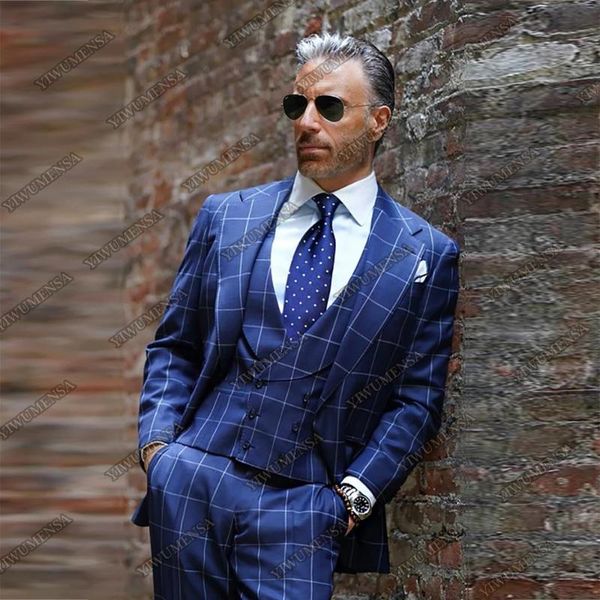 men's suits & blazers gorgeous blue plaid check wedding for men 3 pieces groom wear jacket+vest+pants slim fit peaked lapel coat traje, White;black
men's suits & blazers gorgeous blue plaid check wedding for men 3 pieces groom wear jacket+vest+pants slim fit peaked lapel coat traje, White;black