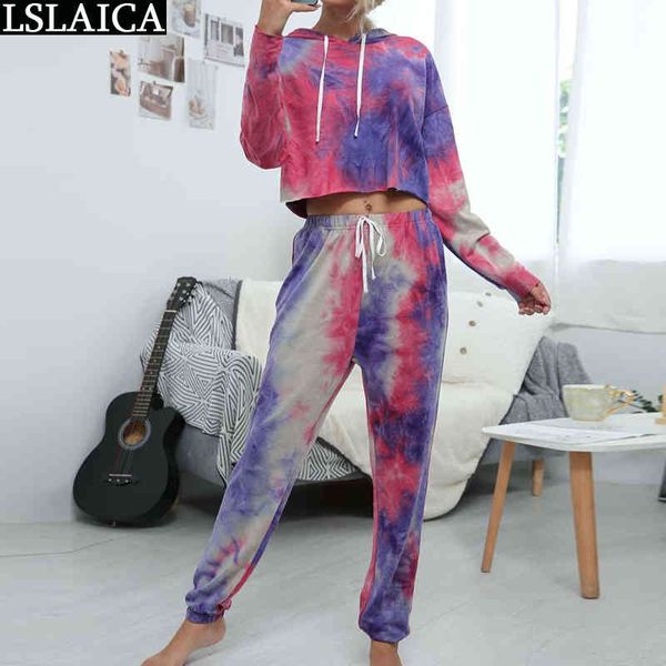 

tie dye set women hoodie sweatshirt 2 piece fashion long sleeve drawstring casual tracksuit home clothes conjuntos 210520, White