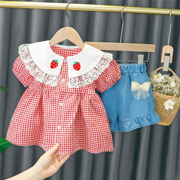 baby girls clothing sets summer plaid strawberry lace toddler infant shirt denim shorts children kids casual clothes, White
baby girls clothing sets summer plaid strawberry lace toddler infant shirt denim shorts children kids casual clothes, White