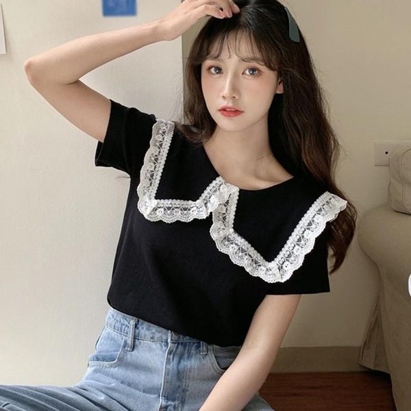 women's t-shirt 2021 fashion sweet lace stitching lapel knitted t shirts for women trendy wild solid color short-sleeved, White
women's t-shirt 2021 fashion sweet lace stitching lapel knitted t shirts for women trendy wild solid color short-sleeved, White