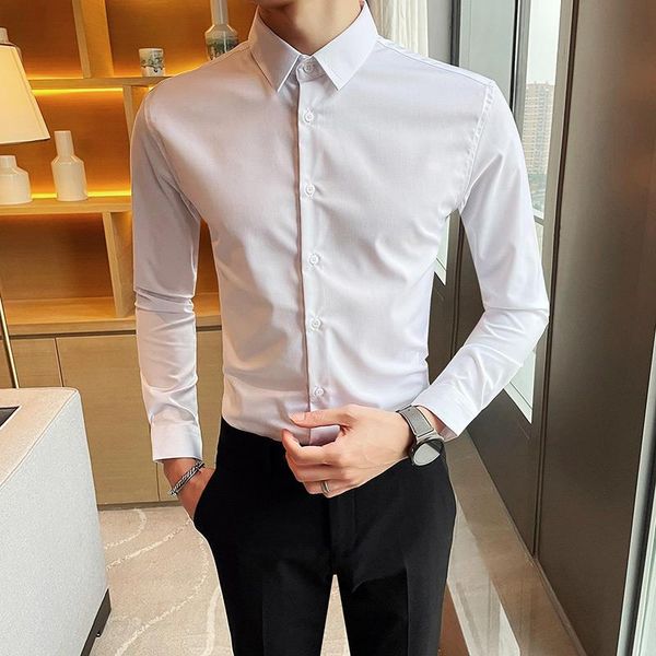 men's dress shirts spring 2021 long sleeve shirt with simple embroidered collar office, White;black
men's dress shirts spring 2021 long sleeve shirt with simple embroidered collar office, White;black