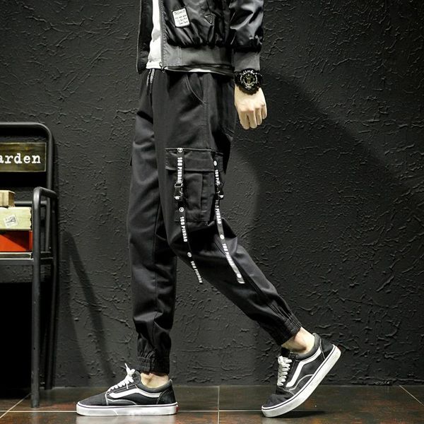 men's pants fashion street casual sweatpants 2021 straps pockets decorative loose overalls cotton feet joggers trousers, Black
men's pants fashion street casual sweatpants 2021 straps pockets decorative loose overalls cotton feet joggers trousers, Black
