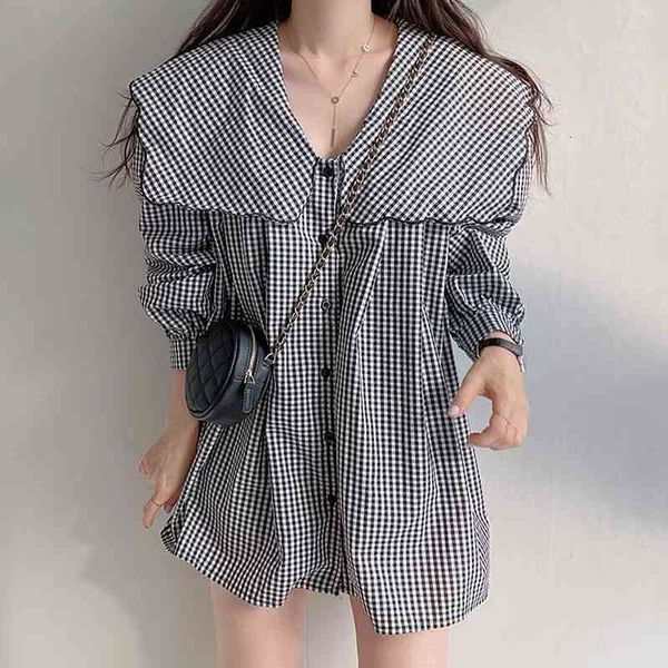 sweet female shirt spring chic vintage navy collar single breast contrast plaid loose versatile long sleeves shirts, White
sweet female shirt spring chic vintage navy collar single breast contrast plaid loose versatile long sleeves shirts, White