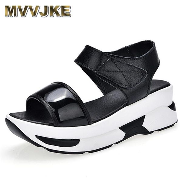 summer fashion women platform sandals female patent leather wedge hook buckle casual open solid flat, Black 
summer fashion women platform sandals female patent leather wedge hook buckle casual open solid flat, Black