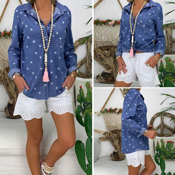 vintage casual turndown neck womens shirt long sleeve denim printed clothes tees, White
vintage casual turndown neck womens shirt long sleeve denim printed clothes tees, White
