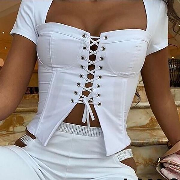 women's t-shirt women bandage solid color square collar short sleeve crop clothes tee for female ladies summer, White
women's t-shirt women bandage solid color square collar short sleeve crop clothes tee for female ladies summer, White