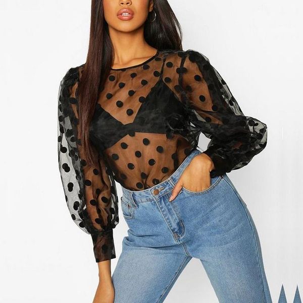 women sheer see through mesh polka dot puff sleeve blouse office lady casual solid long o neck streetwear women's blouses & shirts, White
women sheer see through mesh polka dot puff sleeve blouse office lady casual solid long o neck streetwear women's blouses & shirts, White
