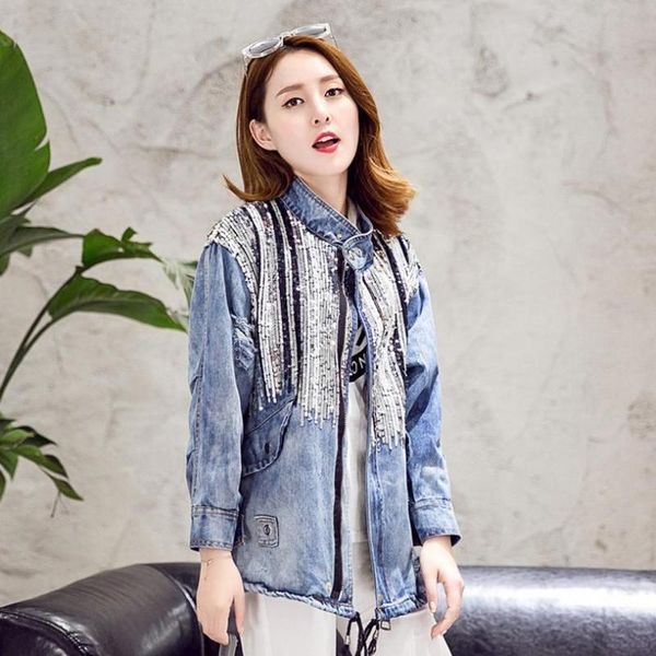 women's jackets spring autumn women s long sleeve stand collar loose bling sequins jeans coat stitching paillette hole washed denim, Black;brown
women's jackets spring autumn women s long sleeve stand collar loose bling sequins jeans coat stitching paillette hole washed denim, Black;brown
