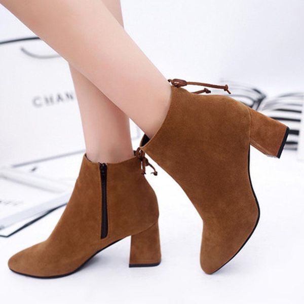 boots 2021 autumn winter ankle boot female pointy thick heel high large size, Black