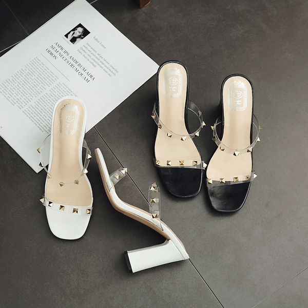 summer versatile square head thick rivet flat belt transparent ultra-high heel women's slippers, Black
summer versatile square head thick rivet flat belt transparent ultra-high heel women's slippers, Black