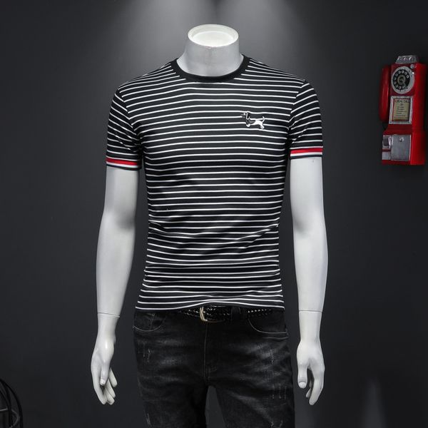 fashion t shirts 2021 summer men's mercerized cotton short sleeve stripe embroidery round neck, White;black
fashion t shirts 2021 summer men's mercerized cotton short sleeve stripe embroidery round neck, White;black