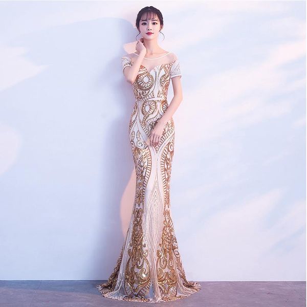 party dresses golden sequined backless short sleeves long women mermaid dress 2021 club bandage gowns vestidos, White;black
party dresses golden sequined backless short sleeves long women mermaid dress 2021 club bandage gowns vestidos, White;black