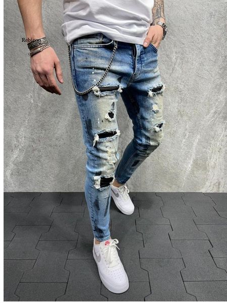 men's jeans slim fit ripped fashion painted patchwork denim beggar pants pencil, Blue
men's jeans slim fit ripped fashion painted patchwork denim beggar pants pencil, Blue