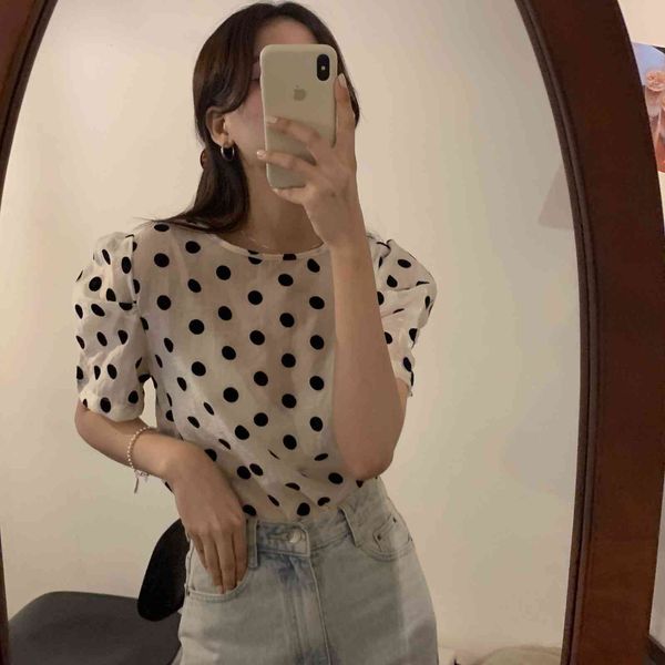 blouses o-neck dot print blouses women summer korean style shirt sleeve see-through woman clothes blusas, White 
blouses o-neck dot print blouses women summer korean style shirt sleeve see-through woman clothes blusas, White