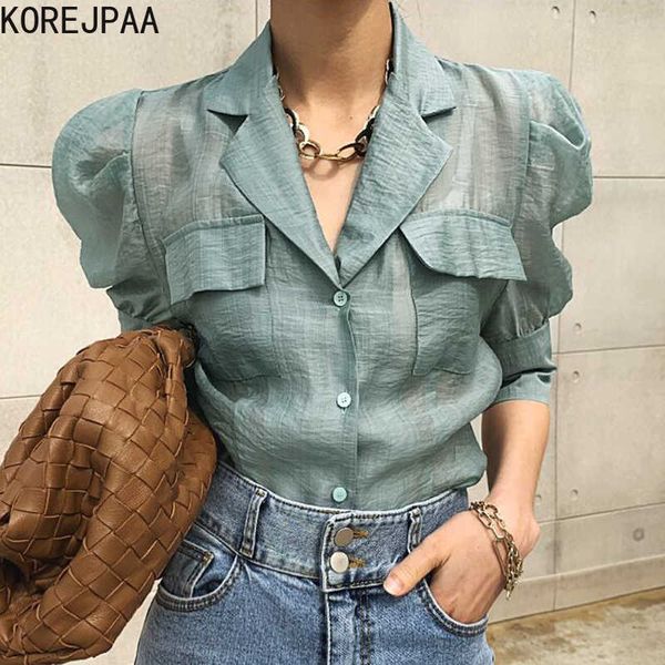 korejpaa women shirt summer lightly cooked lapel single-breasted casual micro-permeable pocket puff sleeve sunscreen blouse 210526, White
korejpaa women shirt summer lightly cooked lapel single-breasted casual micro-permeable pocket puff sleeve sunscreen blouse 210526, White