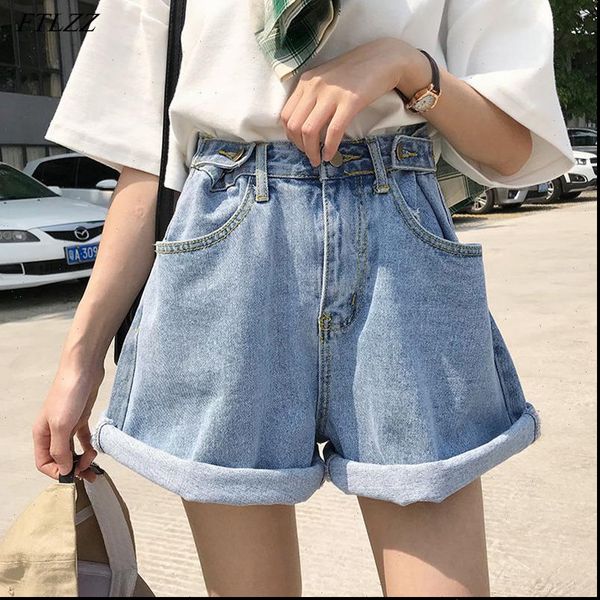 summer high waist blue denim womens shorts vintage wide leg solid color loose jeans, White;black
summer high waist blue denim womens shorts vintage wide leg solid color loose jeans, White;black