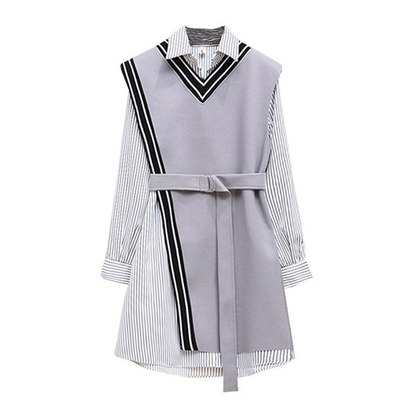 women two pieces set striped shirt dress sash office lady asymmetrical elegant turn down collar mini short d0902 210514, Black;gray
women two pieces set striped shirt dress sash office lady asymmetrical elegant turn down collar mini short d0902 210514, Black;gray