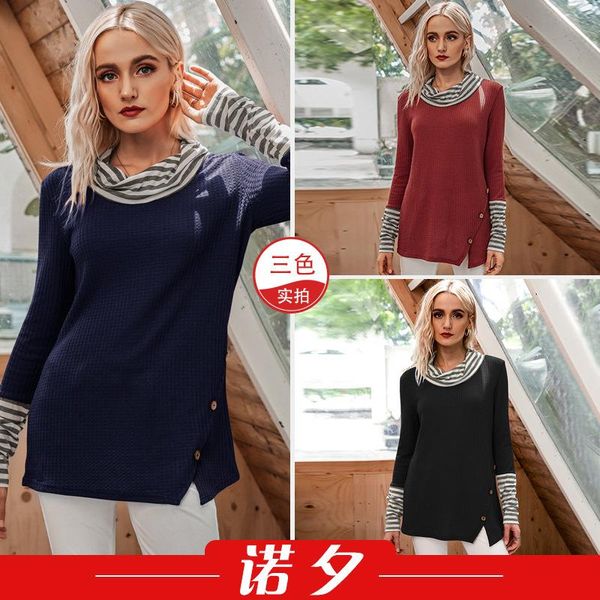 women's t-shirt 2021 autumn pile neck stripe stitching irregular button casual 1589 shirts for women, White
women's t-shirt 2021 autumn pile neck stripe stitching irregular button casual 1589 shirts for women, White
