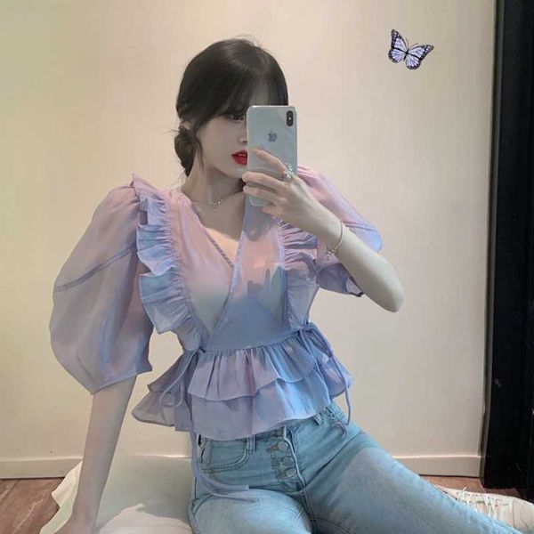 summer korean chic purple see through chiffon blouse v neck puff short sleeve lady ruffled lace up waist slim shirts 210610, White
summer korean chic purple see through chiffon blouse v neck puff short sleeve lady ruffled lace up waist slim shirts 210610, White