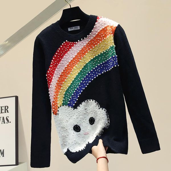 women's sweaters rainbow beading female 2021 spring autumn loose o neck pullovers long sleeve women knitted shirts, White;black
women's sweaters rainbow beading female 2021 spring autumn loose o neck pullovers long sleeve women knitted shirts, White;black