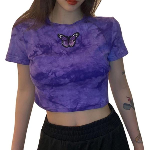 women's t-shirt summer round collar ladie random dyeing butterfly embroidery short sleeve midriff-baring slim base shirt tie-dye top, White
women's t-shirt summer round collar ladie random dyeing butterfly embroidery short sleeve midriff-baring slim base shirt tie-dye top, White